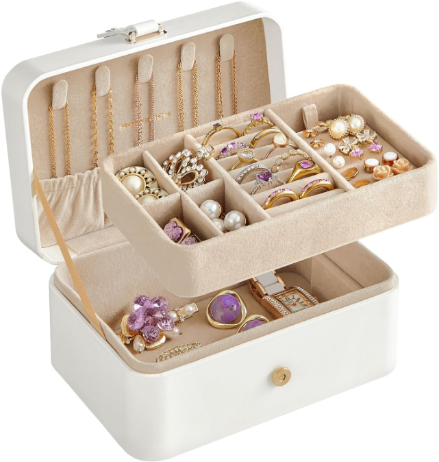 Jewelry Box, Travel Jewelry Case, 2-Layer Jewelry Holder Organizer, 4.3 x 6.3 x 3.1 Inches, Portable, Versatile Earring Storage, for Larger Accessories, Gift Idea, Cloud White UJBC166W01