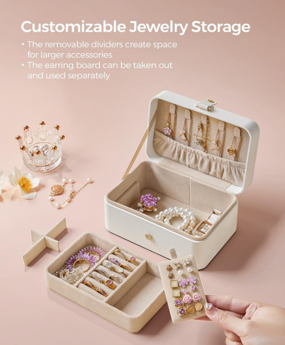 Jewelry Box, Travel Jewelry Case, 2-Layer Jewelry Holder Organizer, 4.3 x 6.3 x 3.1 Inches, Portable, Versatile Earring Storage, for Larger Accessories, Gift Idea, Cloud White UJBC166W01