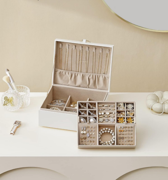 2-Layer Jewelry Box, Jewelry Organizer with Handle, Removable Jewelry Tray, Jewelry Storage, Floating Effect, 8.1 x 9.4 x 4.3 Inches, Gift Idea, White UJBC165W01