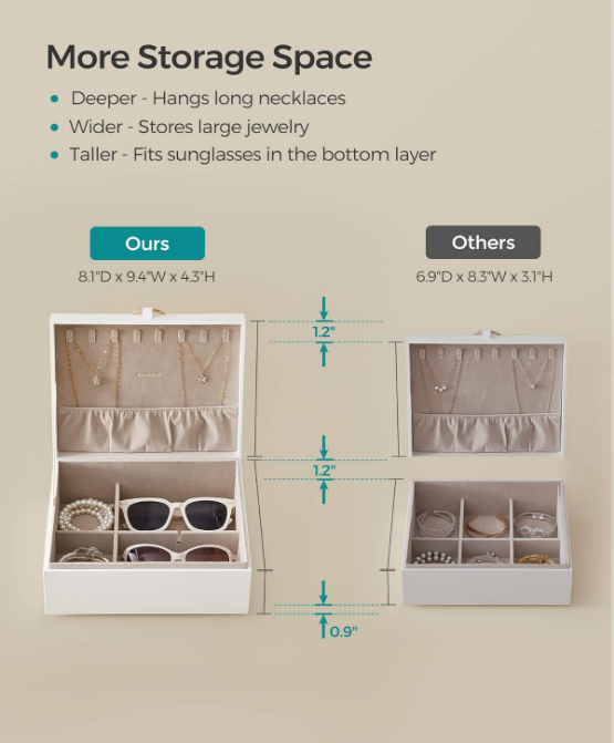 2-Layer Jewelry Box, Jewelry Organizer with Handle, Removable Jewelry Tray, Jewelry Storage, Floating Effect, 8.1 x 9.4 x 4.3 Inches, Gift Idea, White UJBC165W01