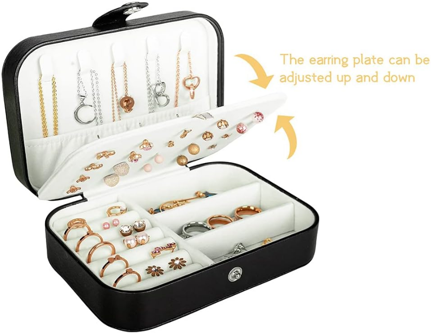Travel Jewelry Box, PU Leather Small Jewelry Organizer for Women Girls, Double Layer Portable Mini Travel Case Display Storage Holder Boxes for Stud Earrings, Rings, Necklaces, Bracelets (Black)