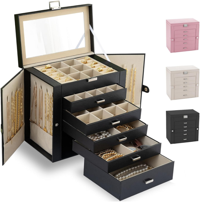Jewelry Boxes for Women, 6 Layers Large Jewelry Organizer Box with Mirror Lock PU Leather Multi-Functional Jewelry Box with 5 Drawers for Earrings Necklace Bracelet,Jewelry Holder Organizer White
