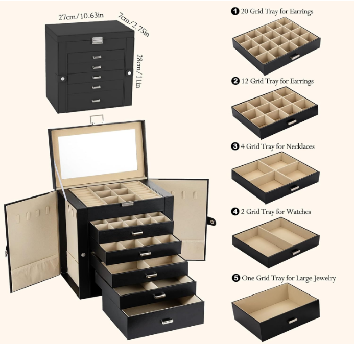 Jewelry Boxes for Women, 6 Layers Large Jewelry Organizer Box with Mirror Lock PU Leather Multi-Functional Jewelry Box with 5 Drawers for Earrings Necklace Bracelet,Jewelry Holder Organizer White