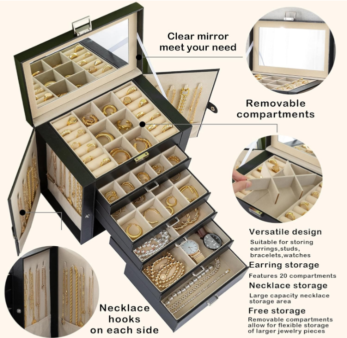 Jewelry Boxes for Women, 6 Layers Large Jewelry Organizer Box with Mirror Lock PU Leather Multi-Functional Jewelry Box with 5 Drawers for Earrings Necklace Bracelet,Jewelry Holder Organizer White