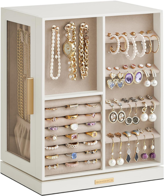 Jewelry Box 360° Rotating, Jewelry Storage Case with 5 Drawers, Jewelry Organizer, Glass Window, Spacious, Vertical Jewelry Storage, Open Design, Great Gift, Cloud White UJBC170W01
