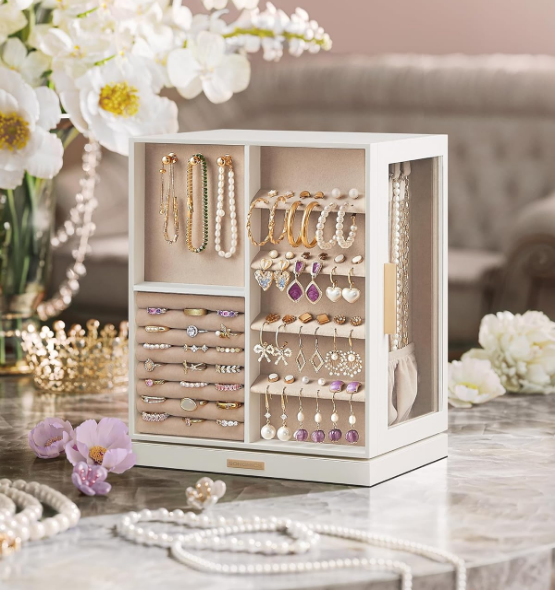 Jewelry Box 360° Rotating, Jewelry Storage Case with 5 Drawers, Jewelry Organizer, Glass Window, Spacious, Vertical Jewelry Storage, Open Design, Great Gift, Cloud White UJBC170W01