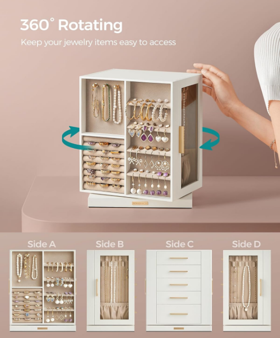 Jewelry Box 360° Rotating, Jewelry Storage Case with 5 Drawers, Jewelry Organizer, Glass Window, Spacious, Vertical Jewelry Storage, Open Design, Great Gift, Cloud White UJBC170W01