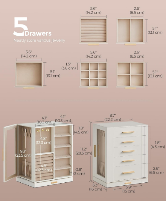 Jewelry Box 360° Rotating, Jewelry Storage Case with 5 Drawers, Jewelry Organizer, Glass Window, Spacious, Vertical Jewelry Storage, Open Design, Great Gift, Cloud White UJBC170W01