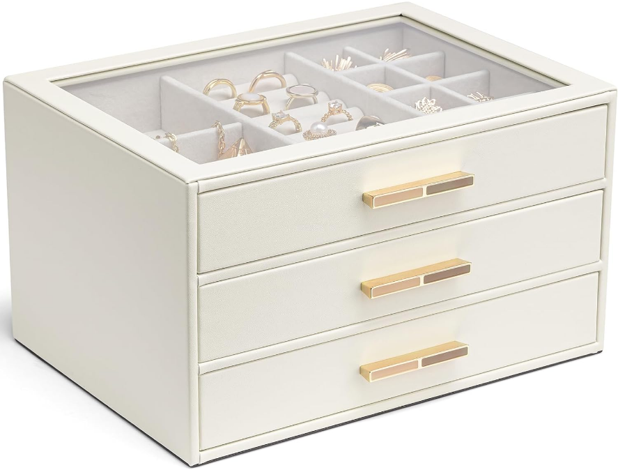 Jewelry Box for Women, Glass Lid Jewelry Organizer with 3 Drawers for Necklaces Rings Earrings Bracelets - White
