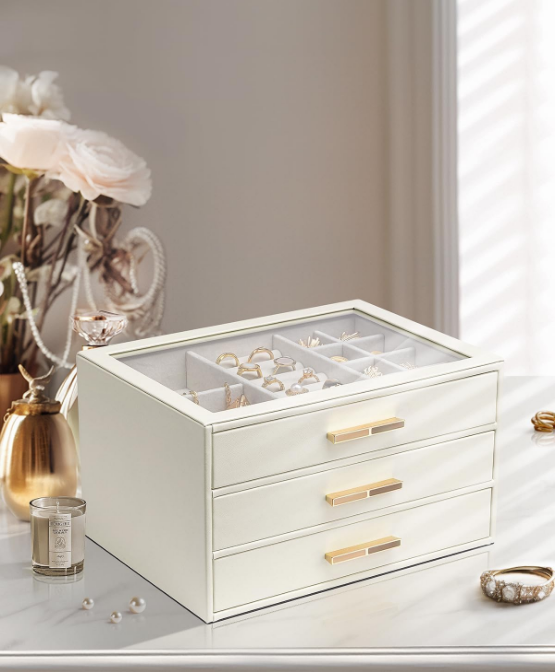 Jewelry Box for Women, Glass Lid Jewelry Organizer with 3 Drawers for Necklaces Rings Earrings Bracelets - White