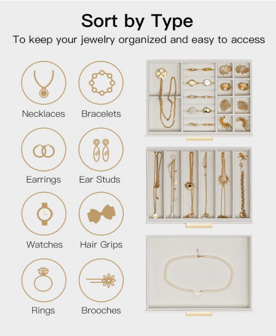 Jewelry Box for Women, Glass Lid Jewelry Organizer with 3 Drawers for Necklaces Rings Earrings Bracelets - White