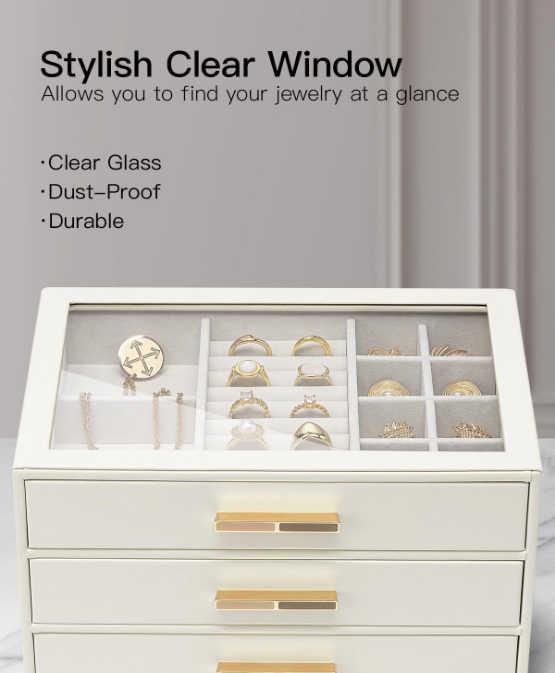 Jewelry Box for Women, Glass Lid Jewelry Organizer with 3 Drawers for Necklaces Rings Earrings Bracelets - White