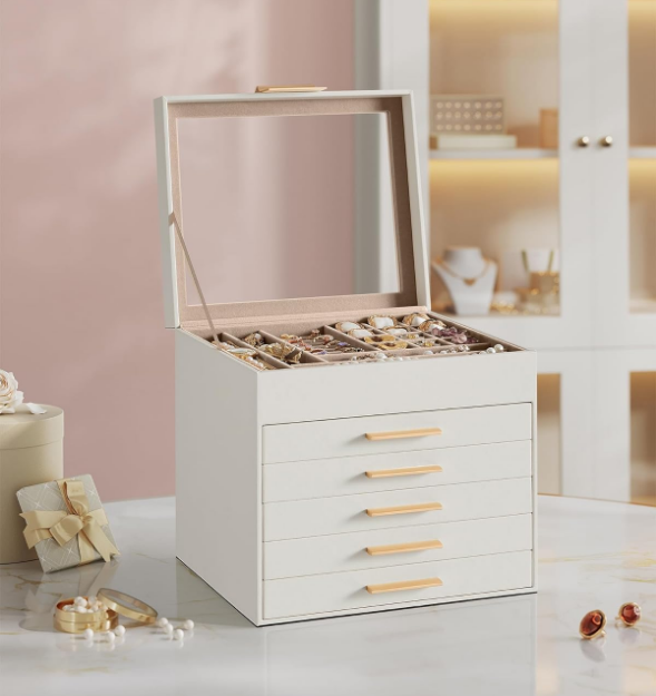 Jewelry Box with Glass Lid, 6-Layer Jewelry Organizer, 5 Drawers, for Big and Small Jewelry, Jewelry Storage, Mother's Day Gifts, 8 x 9.1 x 9 Inches, Cloud White and Gold Color UJBC176W01