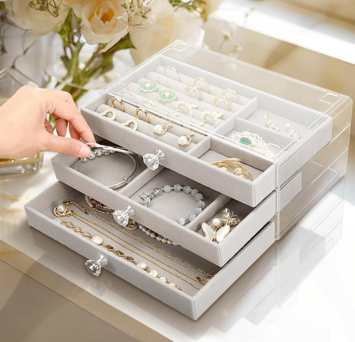 Jewelry Box, 3 Drawer Jewelry Holder Organizer, Jewelry Boxes & Organizers with Earring Organizer, Jewelry Holder Box, Clear Jewelry Organizer Box for Jewelry Storage, Mothers Day Gifts