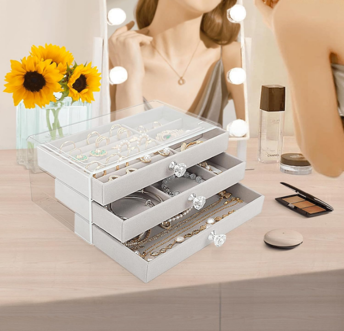 Jewelry Box, 3 Drawer Jewelry Holder Organizer, Jewelry Boxes & Organizers with Earring Organizer, Jewelry Holder Box, Clear Jewelry Organizer Box for Jewelry Storage, Mothers Day Gifts