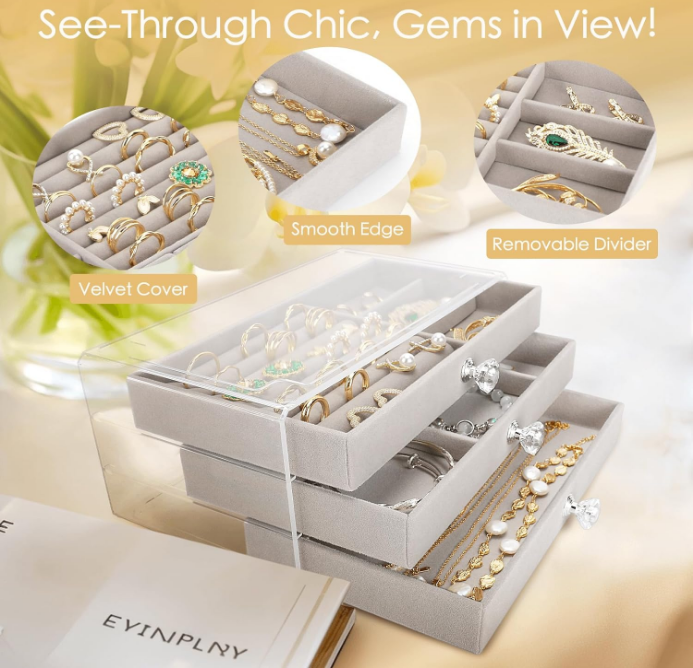 Jewelry Box, 3 Drawer Jewelry Holder Organizer, Jewelry Boxes & Organizers with Earring Organizer, Jewelry Holder Box, Clear Jewelry Organizer Box for Jewelry Storage, Mothers Day Gifts
