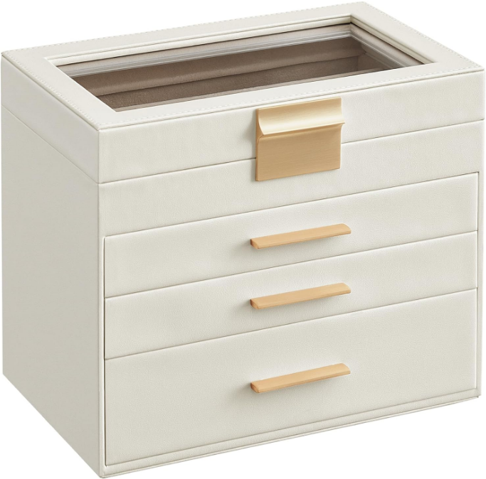 Jewelry Box with Glass Lid, 4-Layer Jewelry Organizer, 3 Drawers, for Sunglasses, Big Jewelry, Jewelry Storage, Mother's Day Gifts, Cloud White and Gold Color UJBC161W01