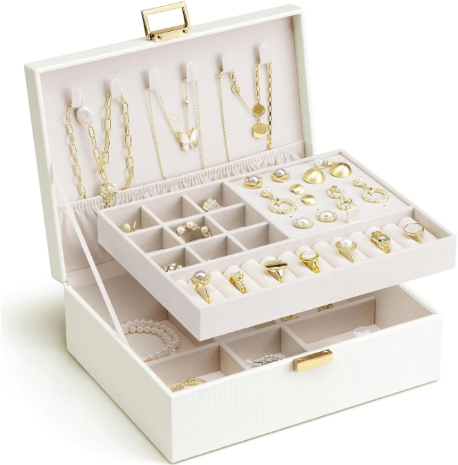 2 Layer Jewelry Box Large Jewelry Organizer for Women Removable Jewelery Tray for Necklace Earrings Rings Bracelets Jewelry Boxes for Mothers Day Gifts for Mom (White)