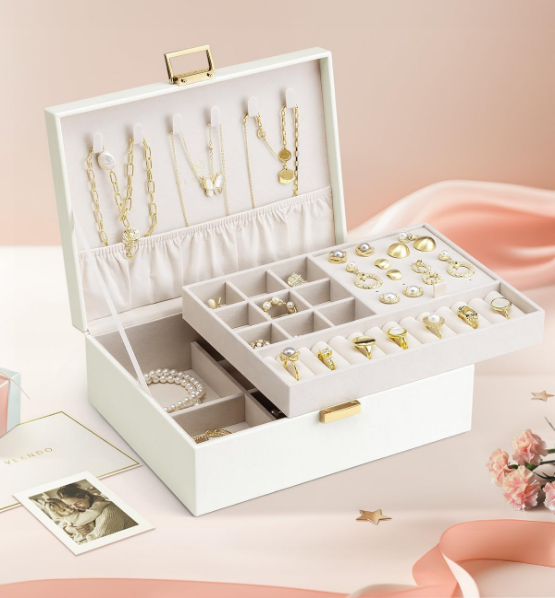 2 Layer Jewelry Box Large Jewelry Organizer for Women Removable Jewelery Tray for Necklace Earrings Rings Bracelets Jewelry Boxes for Mothers Day Gifts for Mom (White)