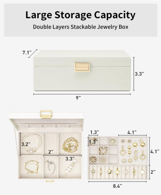 2 Layer Jewelry Box Large Jewelry Organizer for Women Removable Jewelery Tray for Necklace Earrings Rings Bracelets Jewelry Boxes for Mothers Day Gifts for Mom (White)