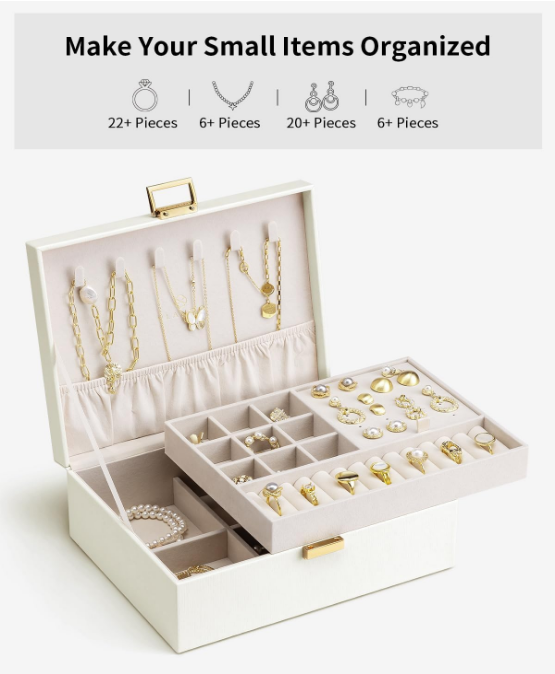 2 Layer Jewelry Box Large Jewelry Organizer for Women Removable Jewelery Tray for Necklace Earrings Rings Bracelets Jewelry Boxes for Mothers Day Gifts for Mom (White)
