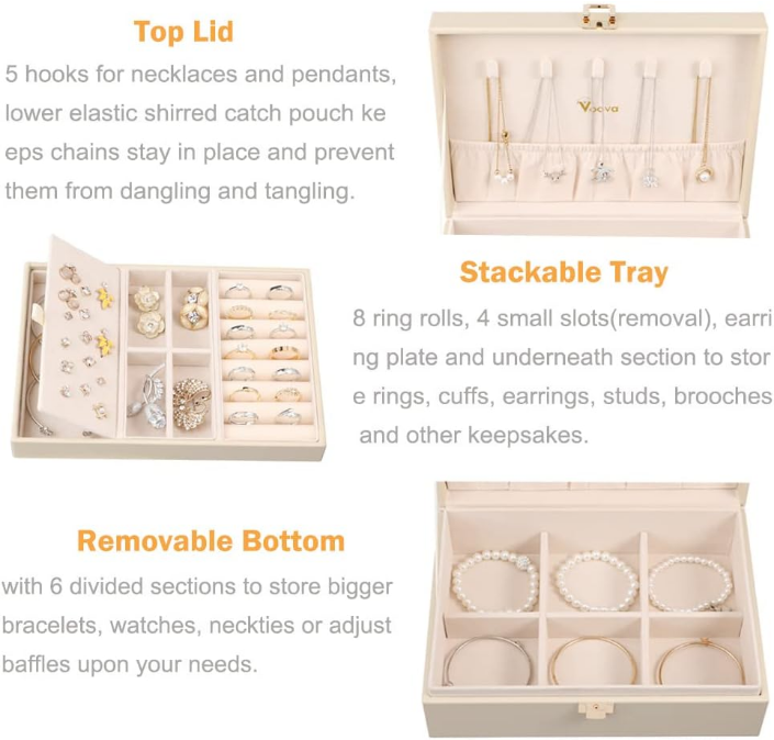 Jewelry Box Organizer for Women Girls, 2 Layer Large Men Jewelry Storage Case, PU Leather Display Jewellery Holder with Removable Tray for Necklace Earrings Rings Bracelets, Vintage Gift,Apricot