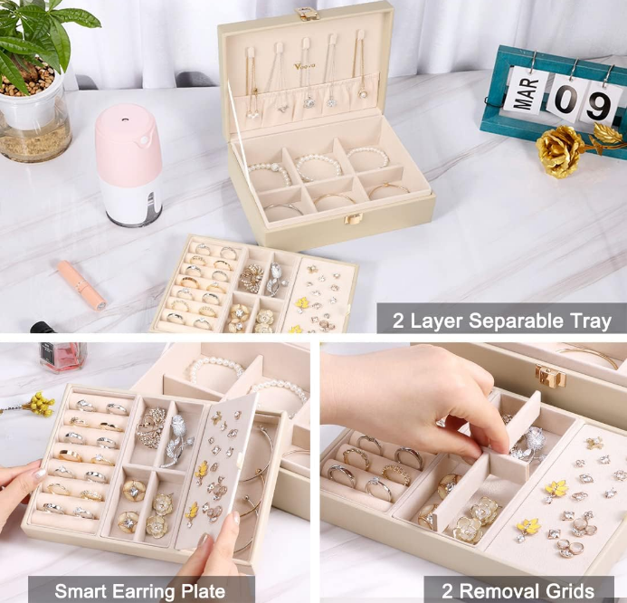 Jewelry Box Organizer for Women Girls, 2 Layer Large Men Jewelry Storage Case, PU Leather Display Jewellery Holder with Removable Tray for Necklace Earrings Rings Bracelets, Vintage Gift,Apricot