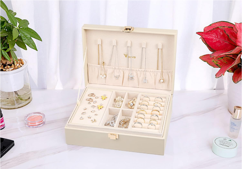 Jewelry Box Organizer for Women Girls, 2 Layer Large Men Jewelry Storage Case, PU Leather Display Jewellery Holder with Removable Tray for Necklace Earrings Rings Bracelets, Vintage Gift,Apricot