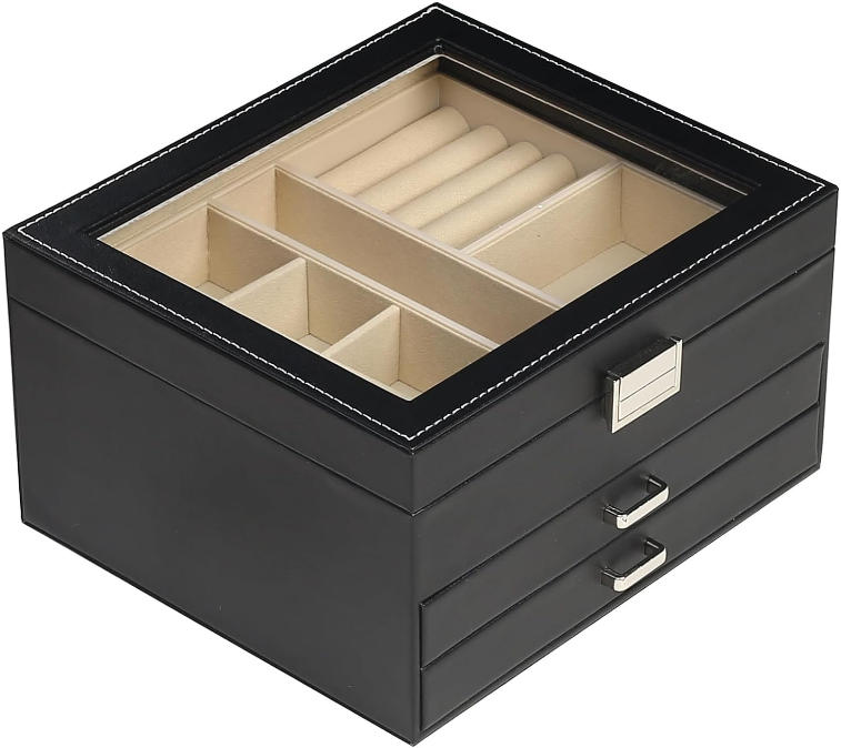 Clear Lid Jewelry Box,3 Layers Jewelry Organizer Large Multi-Functional Jewelry Storage Box with 2 Drawers,Jewelry Display Case of Rings Earrings Necklace Bracelets for Women Girls (Black)