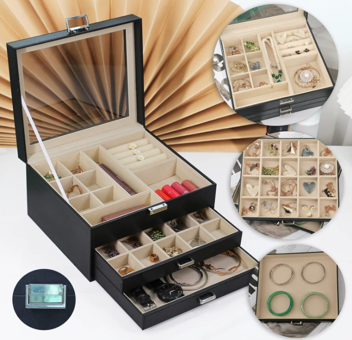 Clear Lid Jewelry Box,3 Layers Jewelry Organizer Large Multi-Functional Jewelry Storage Box with 2 Drawers,Jewelry Display Case of Rings Earrings Necklace Bracelets for Women Girls (Black)