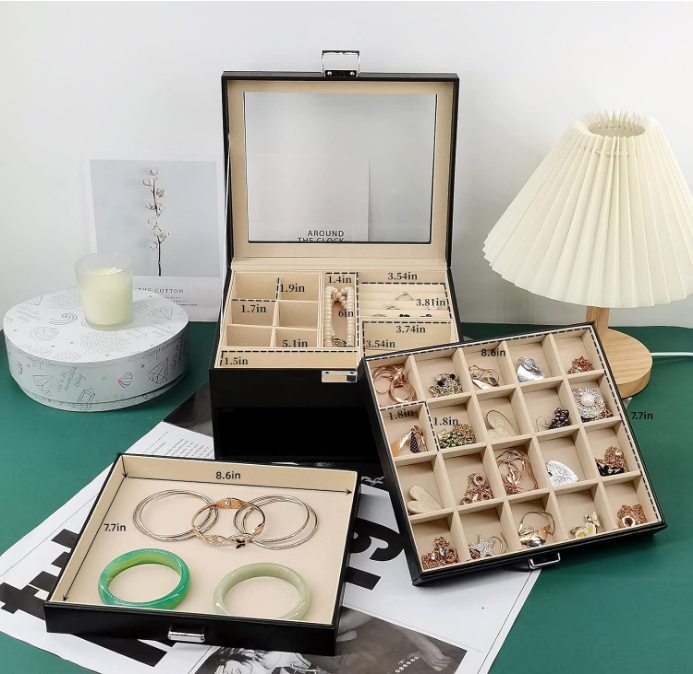 Clear Lid Jewelry Box,3 Layers Jewelry Organizer Large Multi-Functional Jewelry Storage Box with 2 Drawers,Jewelry Display Case of Rings Earrings Necklace Bracelets for Women Girls (Black)