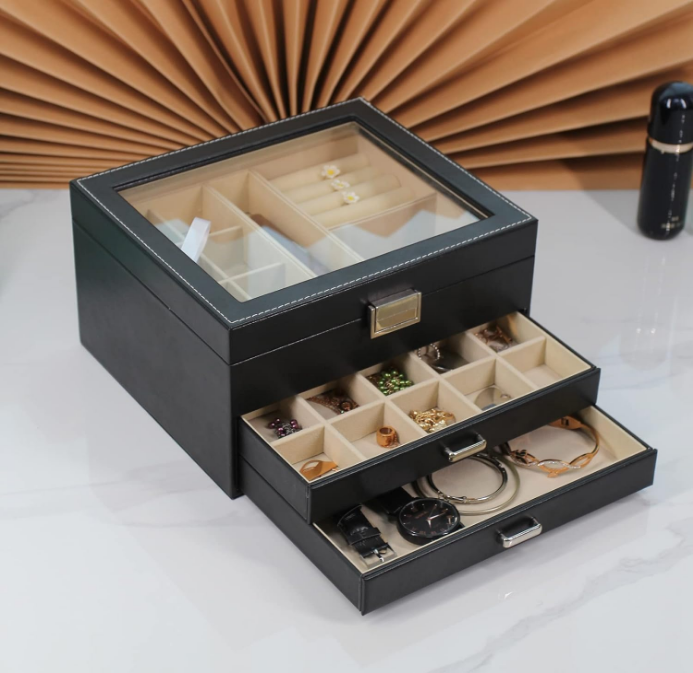 Clear Lid Jewelry Box,3 Layers Jewelry Organizer Large Multi-Functional Jewelry Storage Box with 2 Drawers,Jewelry Display Case of Rings Earrings Necklace Bracelets for Women Girls (Black)