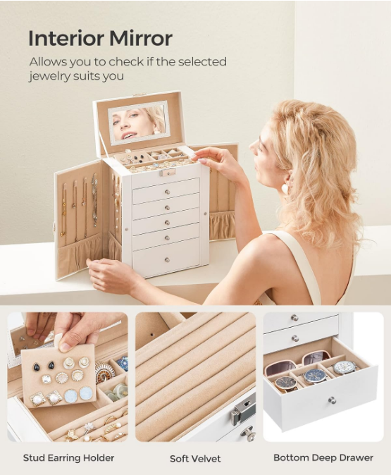 6 Tier Jewelry Box, Jewelry Case with 5 Drawers, Large Storage Capacity, with Mirror, Lockable, Jewelry Storage Organizer, Mother's Day Gifts, For Watches, White UJBC152W01
