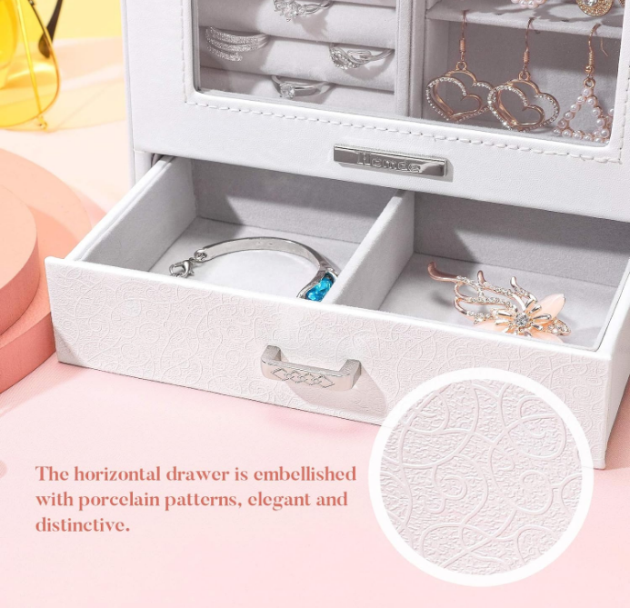Jewelry Organizer Girls Women Jewelry Box for Necklaces Rings Earrings Gift Jewelry Storage Case Porcelain Pattern Series (White)
