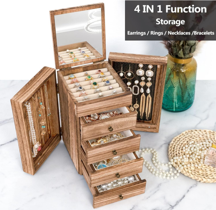 Jewelry Box Wood for Women, 5-Layer Large Organizer Box with Mirror & 4 Drawers for Rings, Earrings, Necklaces, Vintage Style Torched Wood