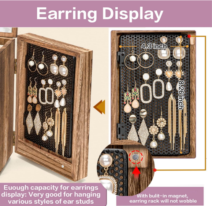 Jewelry Box Wood for Women, 5-Layer Large Organizer Box with Mirror & 4 Drawers for Rings, Earrings, Necklaces, Vintage Style Torched Wood