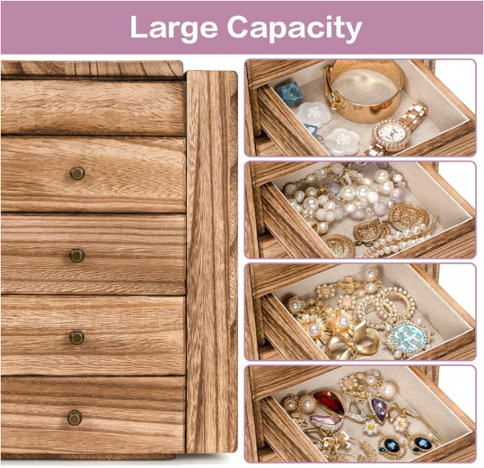 Jewelry Box Wood for Women, 5-Layer Large Organizer Box with Mirror & 4 Drawers for Rings, Earrings, Necklaces, Vintage Style Torched Wood