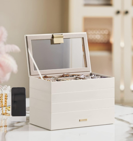 Stackable Jewelry Trays, 4-Tier Jewelry Box, Drawer Jewelry Organizer, with Glass Lid, Removable Dividers, for Vanity Table, 6.7 x 11 x 7.2 Inches, Gift Idea, Cloud White UJBC164W01