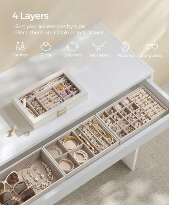 Stackable Jewelry Trays, 4-Tier Jewelry Box, Drawer Jewelry Organizer, with Glass Lid, Removable Dividers, for Vanity Table, 6.7 x 11 x 7.2 Inches, Gift Idea, Cloud White UJBC164W01