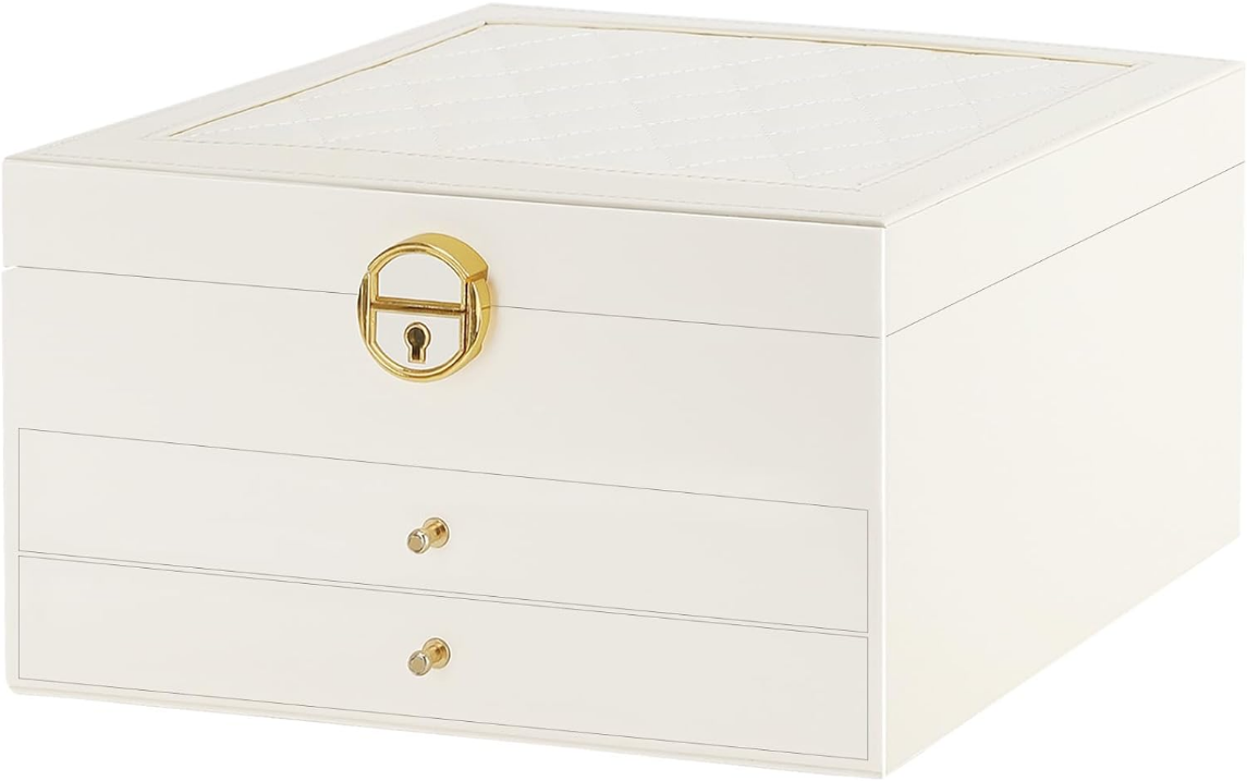  Premium Jewelry Box with Drawers, 3-Layer Lockable Large Jewelry Organizer for Women Girl Gift, Jewelry Storage Holder Case for Earring, Necklace, Ring, Bracelet, Hair Accessories (White)