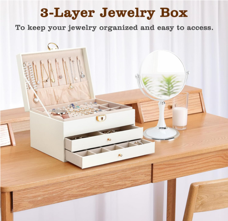  Premium Jewelry Box with Drawers, 3-Layer Lockable Large Jewelry Organizer for Women Girl Gift, Jewelry Storage Holder Case for Earring, Necklace, Ring, Bracelet, Hair Accessories (White)