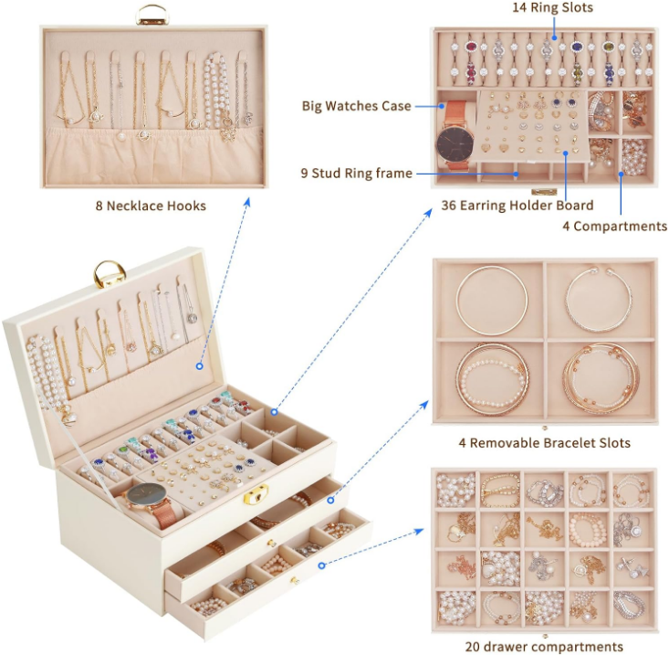  Premium Jewelry Box with Drawers, 3-Layer Lockable Large Jewelry Organizer for Women Girl Gift, Jewelry Storage Holder Case for Earring, Necklace, Ring, Bracelet, Hair Accessories (White)