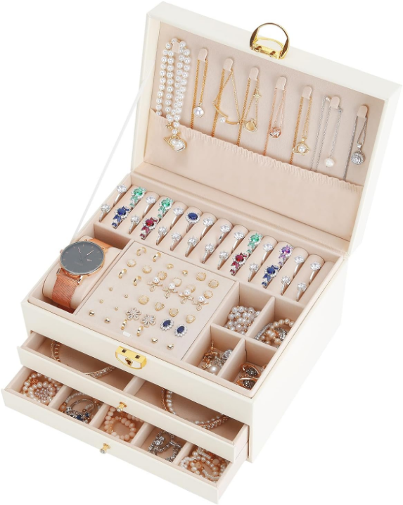  Premium Jewelry Box with Drawers, 3-Layer Lockable Large Jewelry Organizer for Women Girl Gift, Jewelry Storage Holder Case for Earring, Necklace, Ring, Bracelet, Hair Accessories (White)