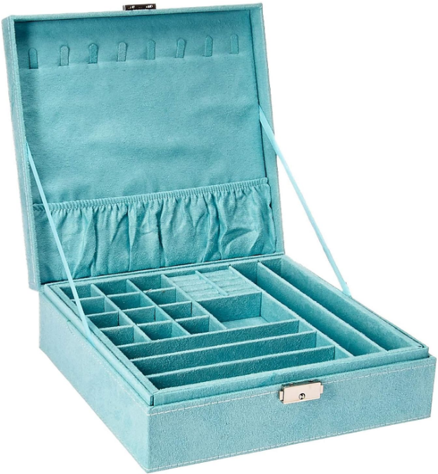 Two-Layer Jewelry Box Organizer Display Storage case with Lock (Blue)