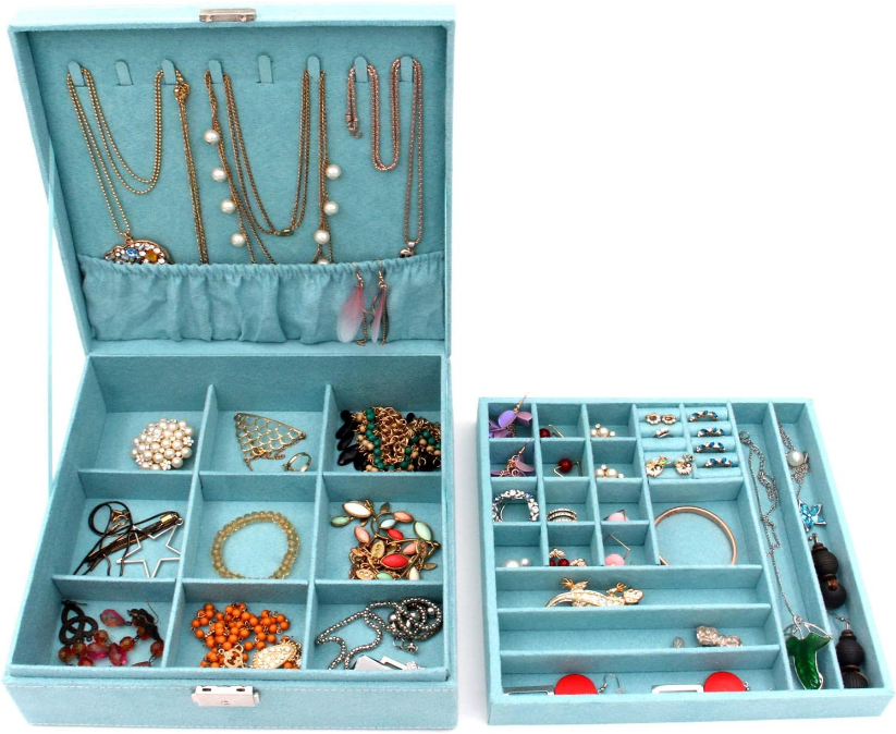 Two-Layer Jewelry Box Organizer Display Storage case with Lock (Blue)