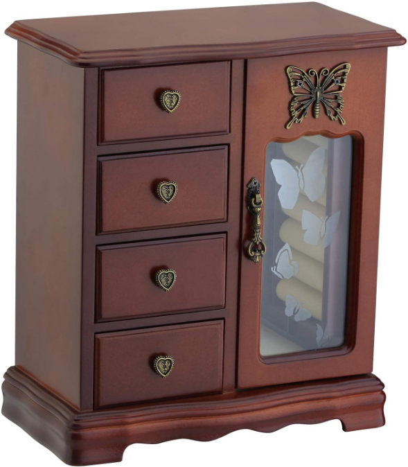 Solid Wooden Jewelry Box Makeup and Organizer Women Ring Storage with 4-Drawers Built-in Necklace Carousel and Mirror Brown