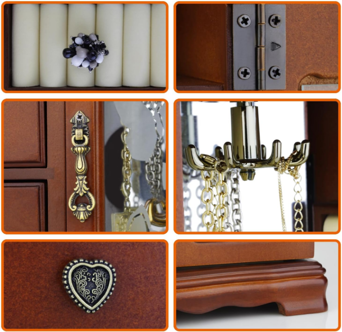Solid Wooden Jewelry Box Makeup and Organizer Women Ring Storage with 4-Drawers Built-in Necklace Carousel and Mirror Brown