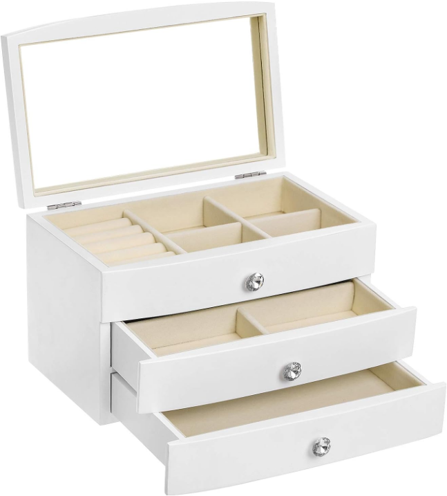 Jewelry Box, 3-Tier Wooden Jewelry Case, Jewelry Organizer with Large Mirror, for Rings, Necklaces, Earrings, Bracelets, White UJOW03W