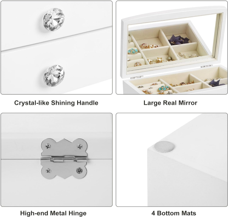 Jewelry Box, 3-Tier Wooden Jewelry Case, Jewelry Organizer with Large Mirror, for Rings, Necklaces, Earrings, Bracelets, White UJOW03W