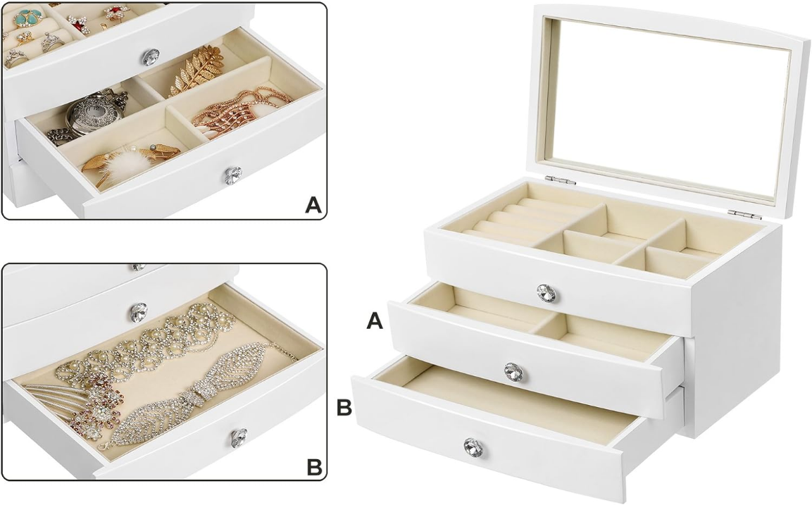 Jewelry Box, 3-Tier Wooden Jewelry Case, Jewelry Organizer with Large Mirror, for Rings, Necklaces, Earrings, Bracelets, White UJOW03W